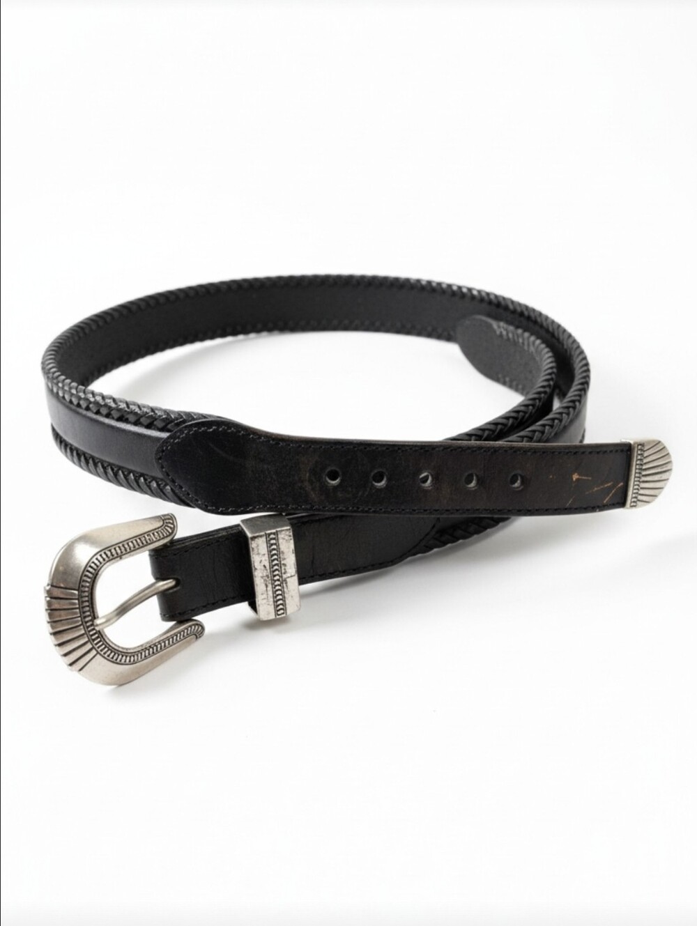 Brighton Black Leather Western Belt 36 Braided Silver Tone Buckle 65303